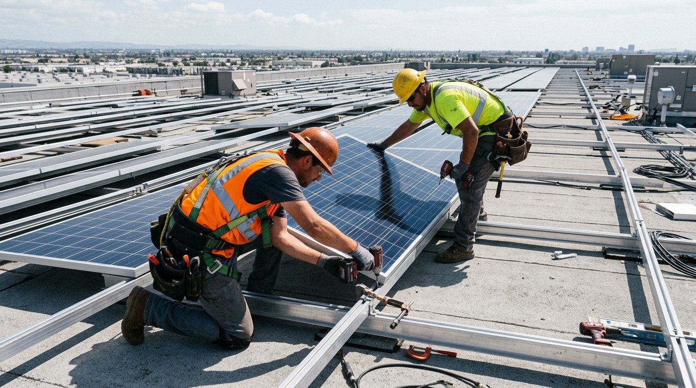 Engineers inspecting commercial rooftop solar panel array