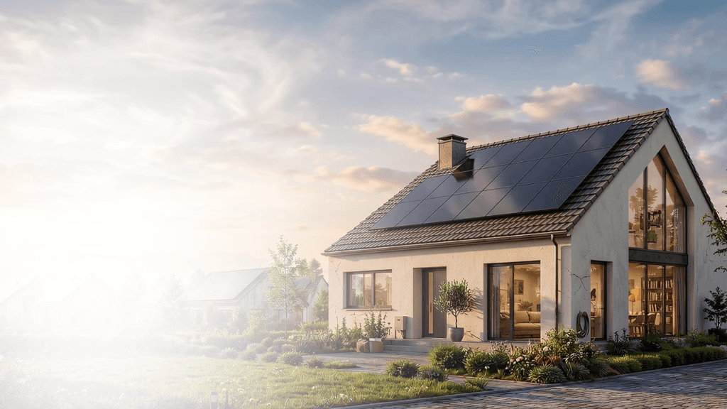 Modern UK residential home with rooftop solar panels at sunset